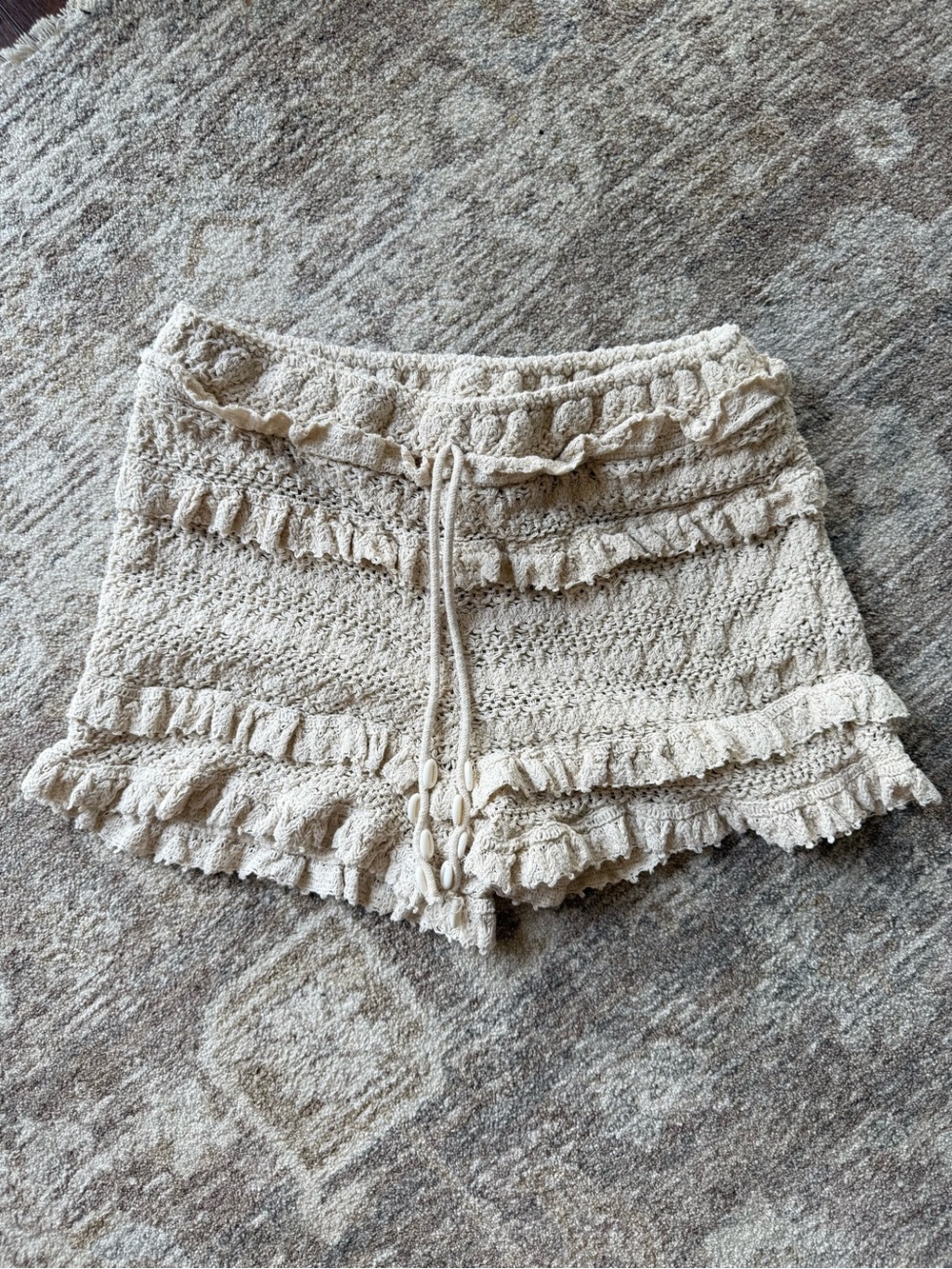 Zara Cream Crochet Ruffle Shorts with Shell Tie